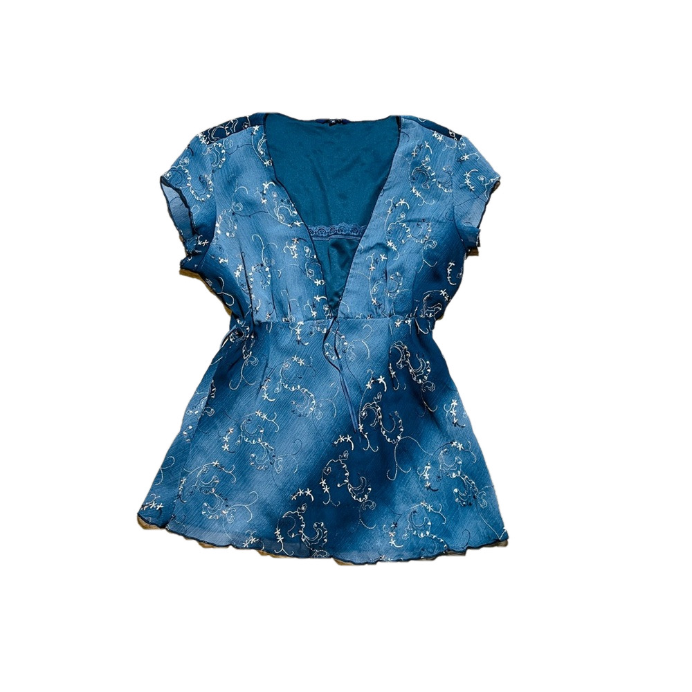 Reitmans Blue Floral Sheer Blouse M V-Neck Butterfly Sleeves Vintage Cottagecore